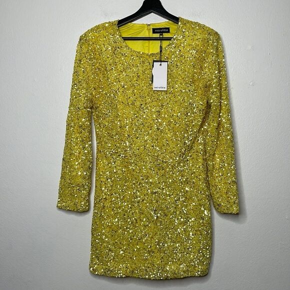 RETROFETE Womens Size XXL Nikki Sequined Tulle Mini Dress Yellow - Picture 4 of 12